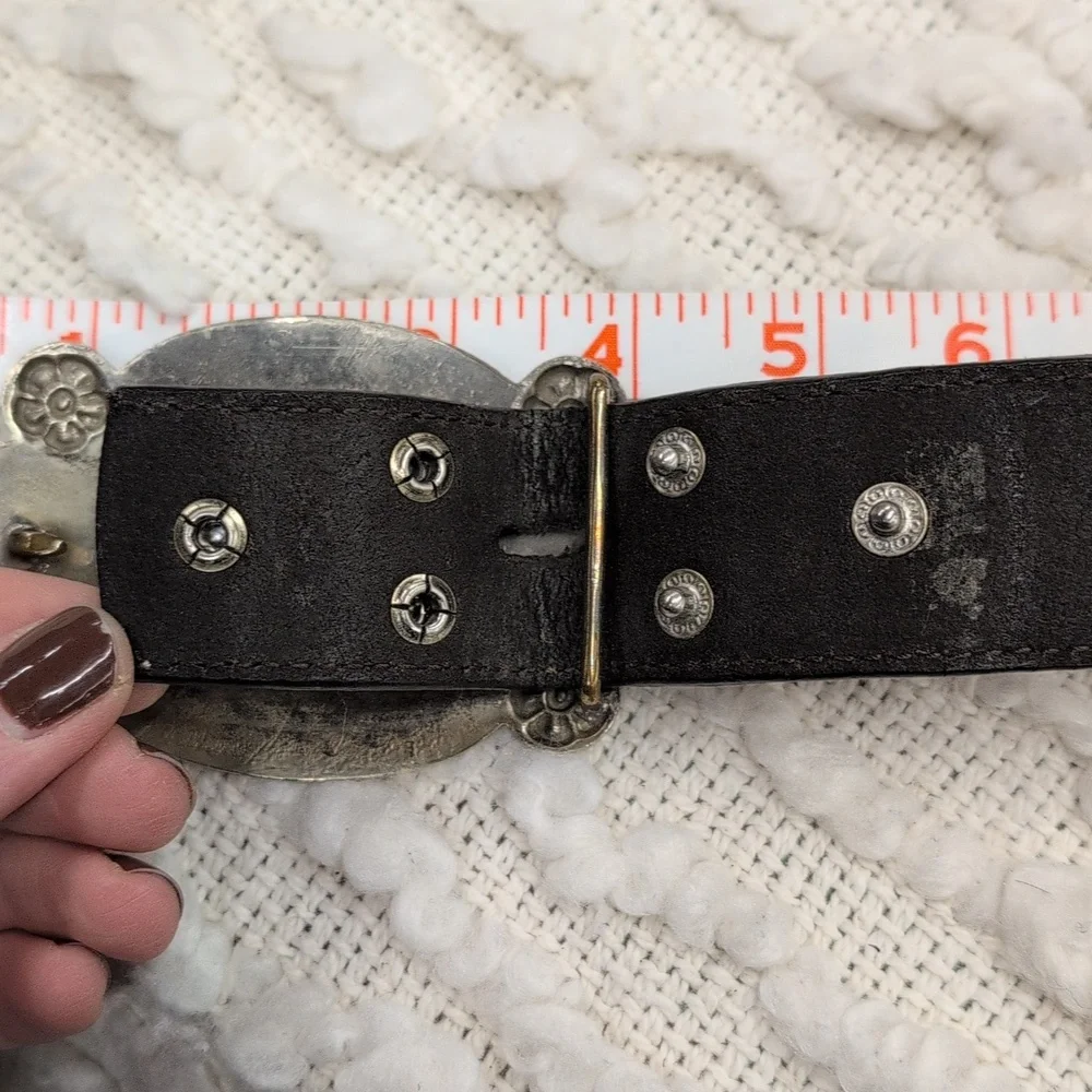 Vintage Western Cowboy Camel Leather Men's Belt Nickel Silver Bronco Buckle